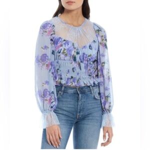 Free People Daphne Floral-print Smocked Top blouse blue purple sz L